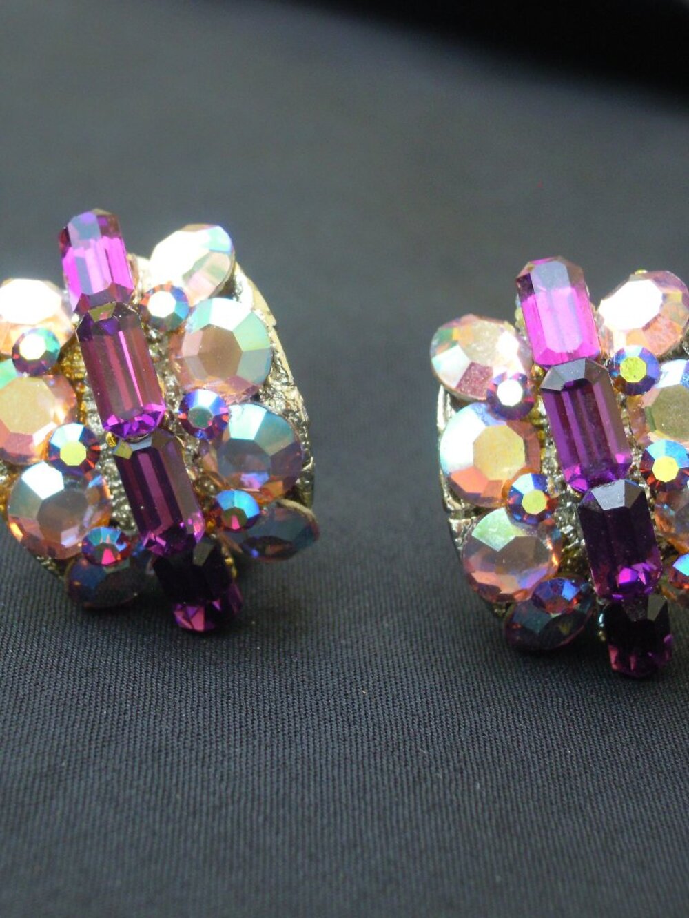 Vintage Purple & AB Butterfly Rhinestone Crystal Earrings Clip-ons SPECTACULAR